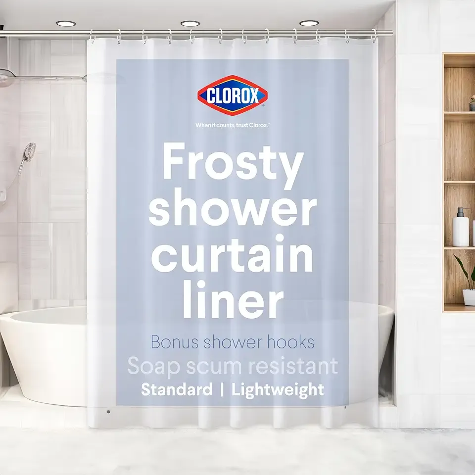 CLOROX Shower Curtain Liner & Hooks, Premium Lightweight Flexible Waterproof 4g PEVA for Bathroom with Weighted Magnets, Standard Size 70" x 72", Frosty 1 Pack