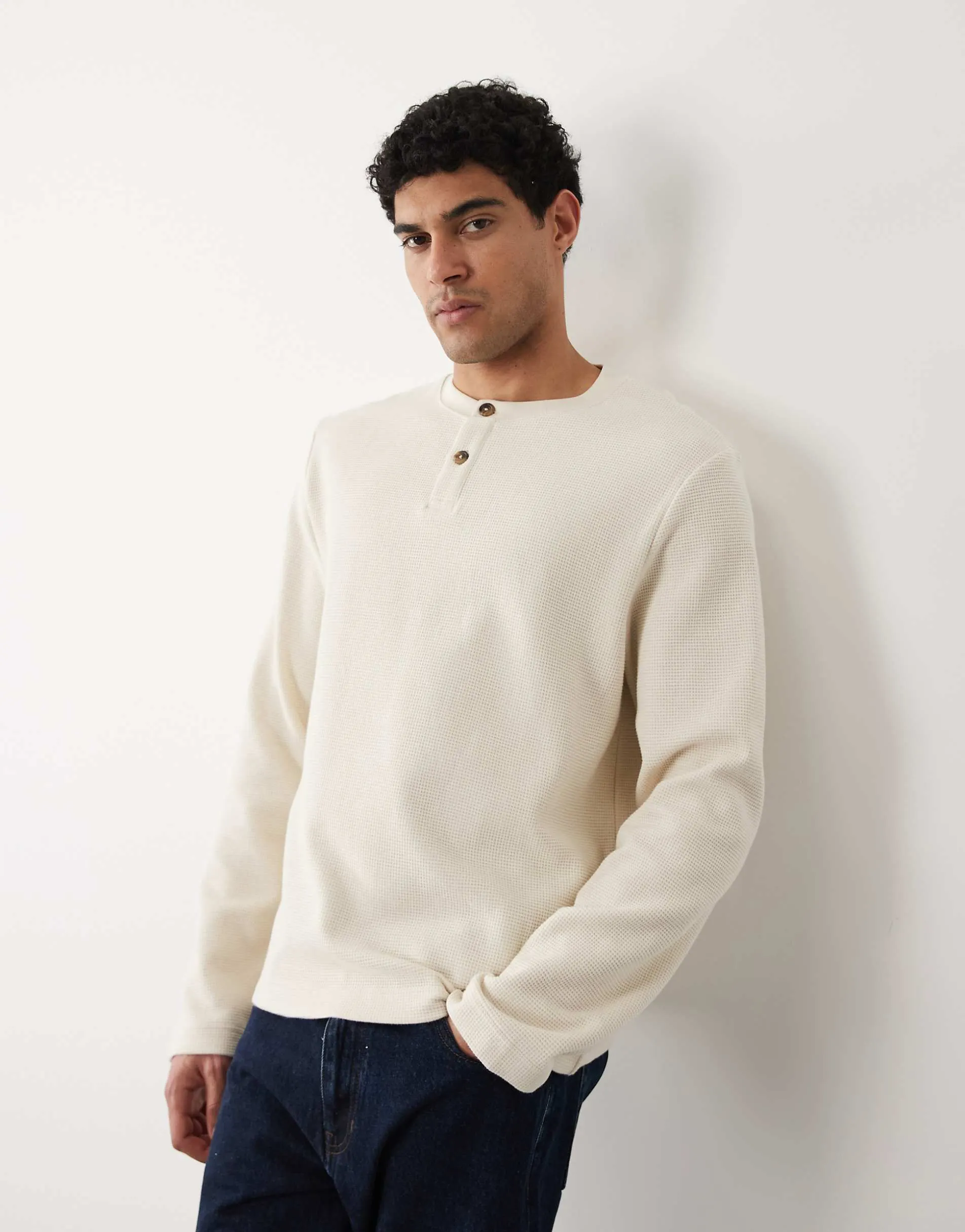 Selected heavyweight waffle long sleeved sleeved henley t-shirt in cream