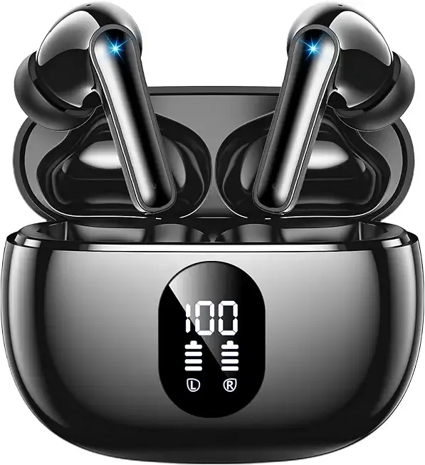 Wireless Earbuds Bluetooth 5.3 Ear Buds, Hi-Fi Stereo Bass Ear Buds with 48H Playtime & LED Display, Lightweight in-Ear Headphones with Mic, IPX7 Waterproof, Touch Control for iPhone Black