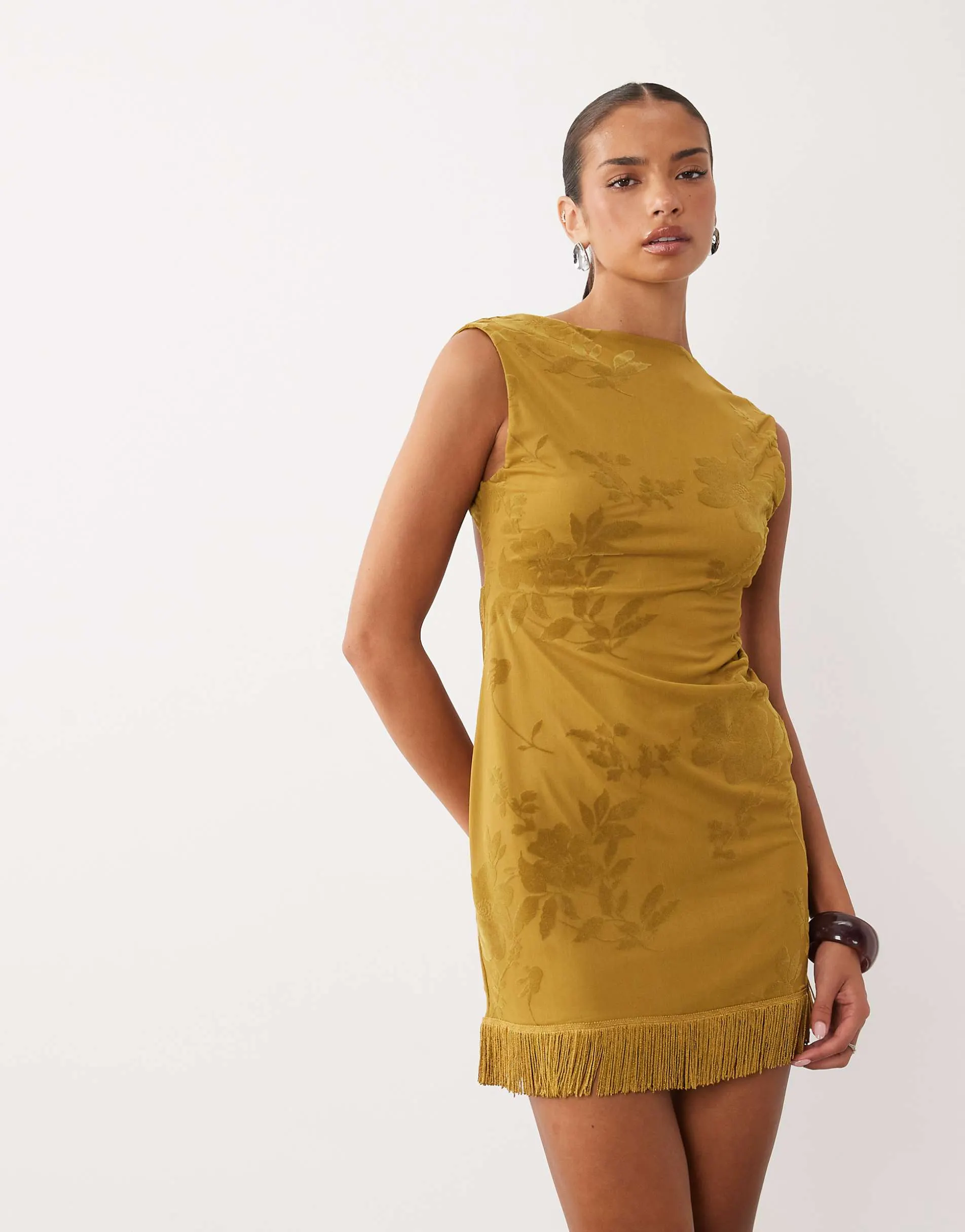ASOS DESIGN devore floral mesh mini dress with fringing in olive