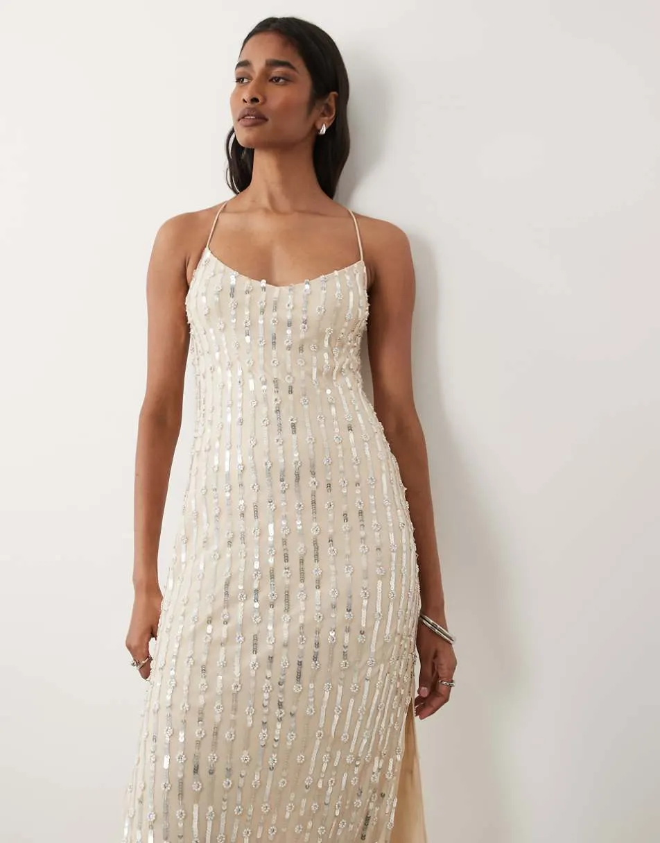 Miss Selfridge pearl and sequin embellished midi dress in ivory