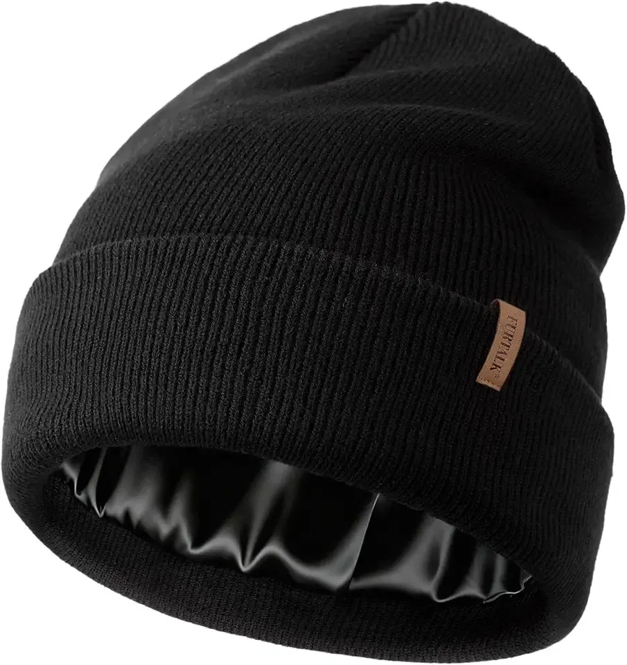 Satin Lined Beanie for Women Men Knit Beanie Hat Acrylic Winter Hats Warm Slouchy Skull Cap