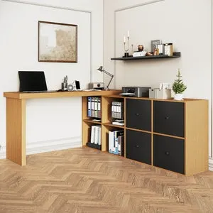 Escritorio esquinero giratorio con 4 compartimentos y 4 cajones - 120 x 48 x 78 cm + 140 x 35 x 74 cm - MDF - Natural + roble