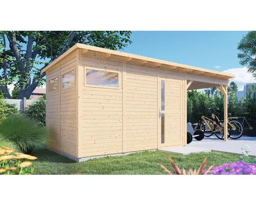 Dřevěný zahradní domek Bertilo Pentus 3 přírodní 558 x 234 cm vč. přístřešku