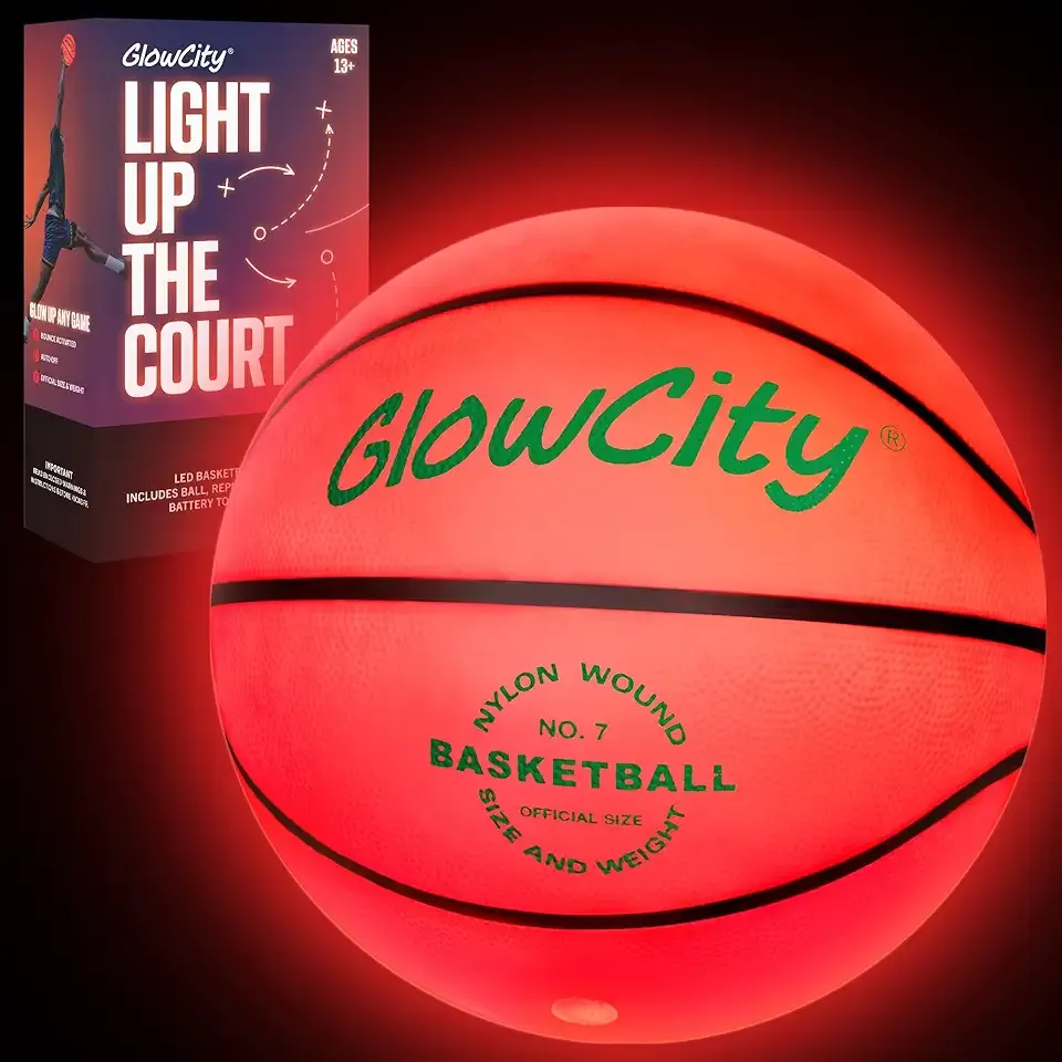 GlowCity Glow in The Dark Basketball - Sizes 5, 6, 7 Light Up Ball for Kids, Teens & Adults - Red Glow for Outdoor Games - Sports Birthday Gifts Ideas for Boys Ages 6 7 8 9 10 11 12 13 14