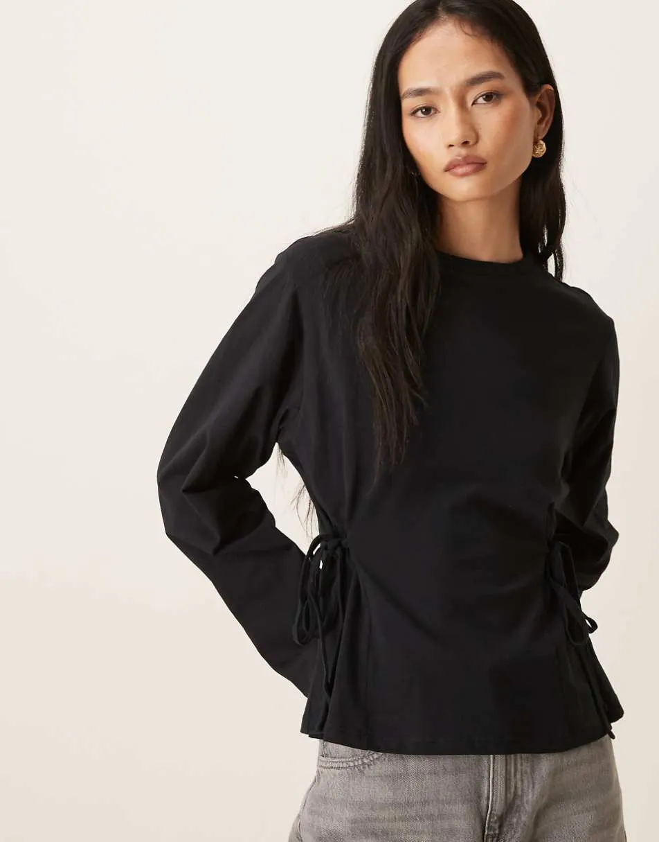 ASOS DESIGN tie waisted detail long sleeve top in black