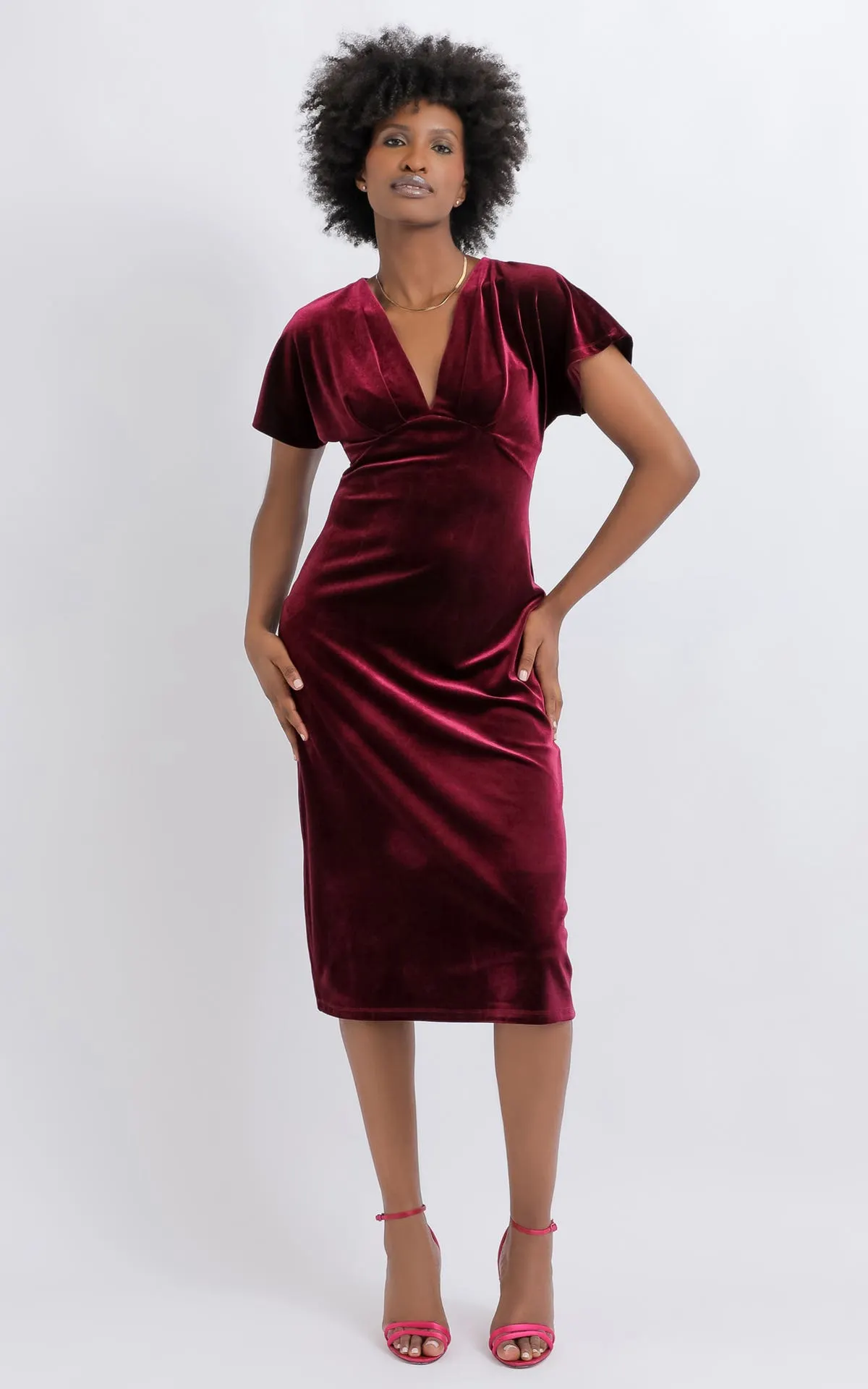 Velvet Flutter Sleeve Midi Dress