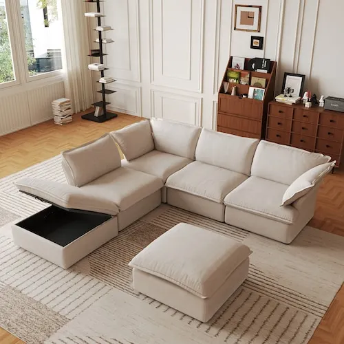 Magic Home Reversible 163 in. Down Filled Linen 6-Piece Modular Sectional Sofa with Storage Ottomans, Washable Covers in. Beige