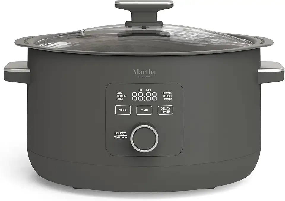 Martha Stewart 8 QT Slow Cooker, Programmable with Timer, 3 Heat Settings (Low, High, Warm), Nonstick Ceramic Removable Crock, Stovetop & Oven Safe, Glass Lid, Simmer, Reheat, Warm, Caviar