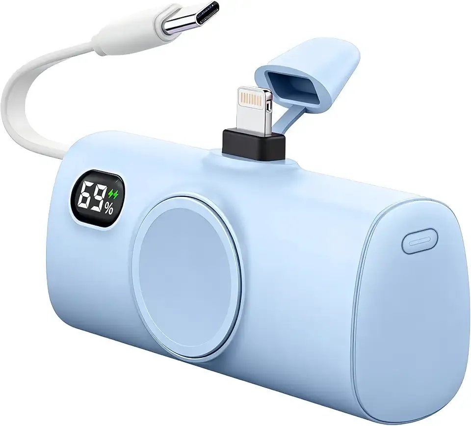 Little Blue Portable Charger Power Bank for iPhone 14 Pro, 5000mah Compact-Handy Battery Pack with USB C Cable for OnePlus 15 series, Travel Backup Charger for iPhone 12 mini, On-the Go Phone Charger