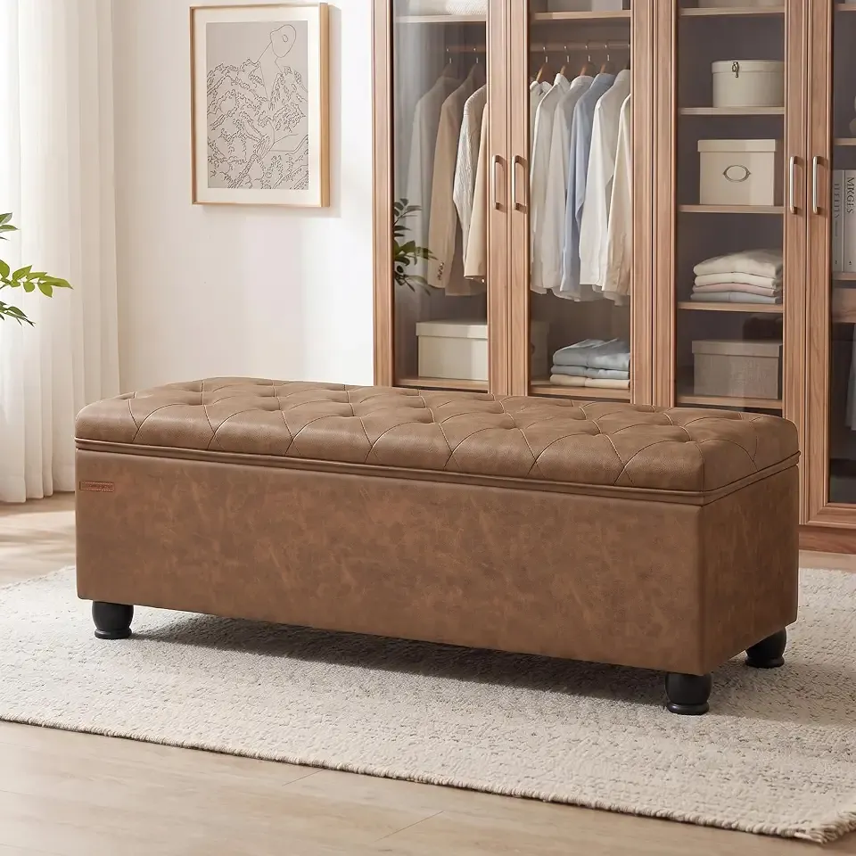 Storage Ottoman, 46.5 Inches Long Bed End Stool, Solid Wood Legs