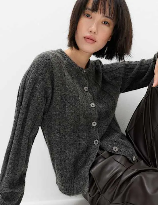 Gerippter Woll-Cardigan mit Rundhalsausschnitt