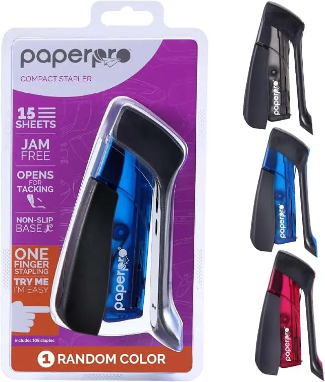 PaperPro Compact Classic Desktop Stapler, 15 Sheet Capacity, No Effort, Includes 105 Staples, One Finger, 80% Easier Stapling, Assorted (Col…