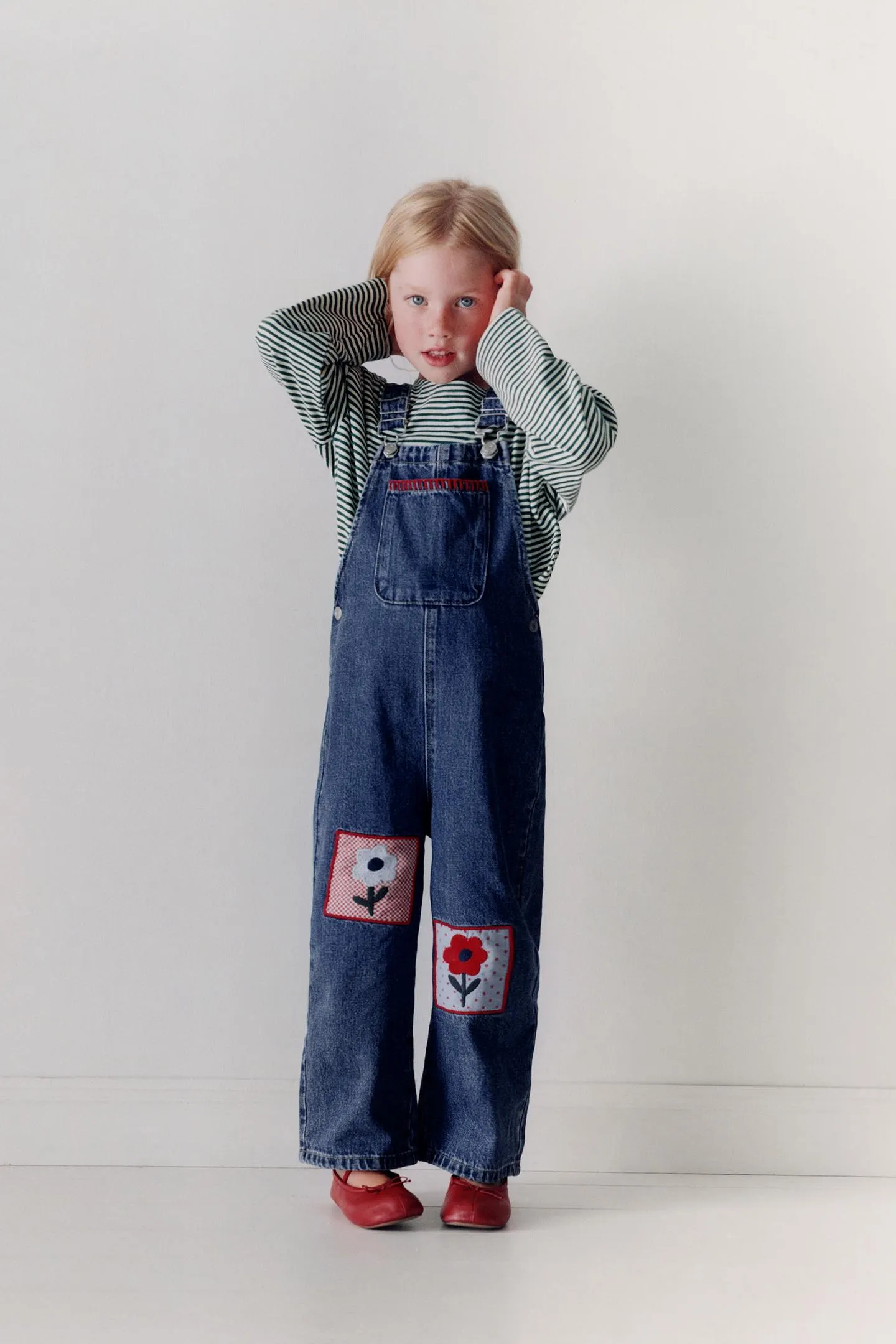EMBROIDERED FLORAL LONG DENIM DUNGAREES