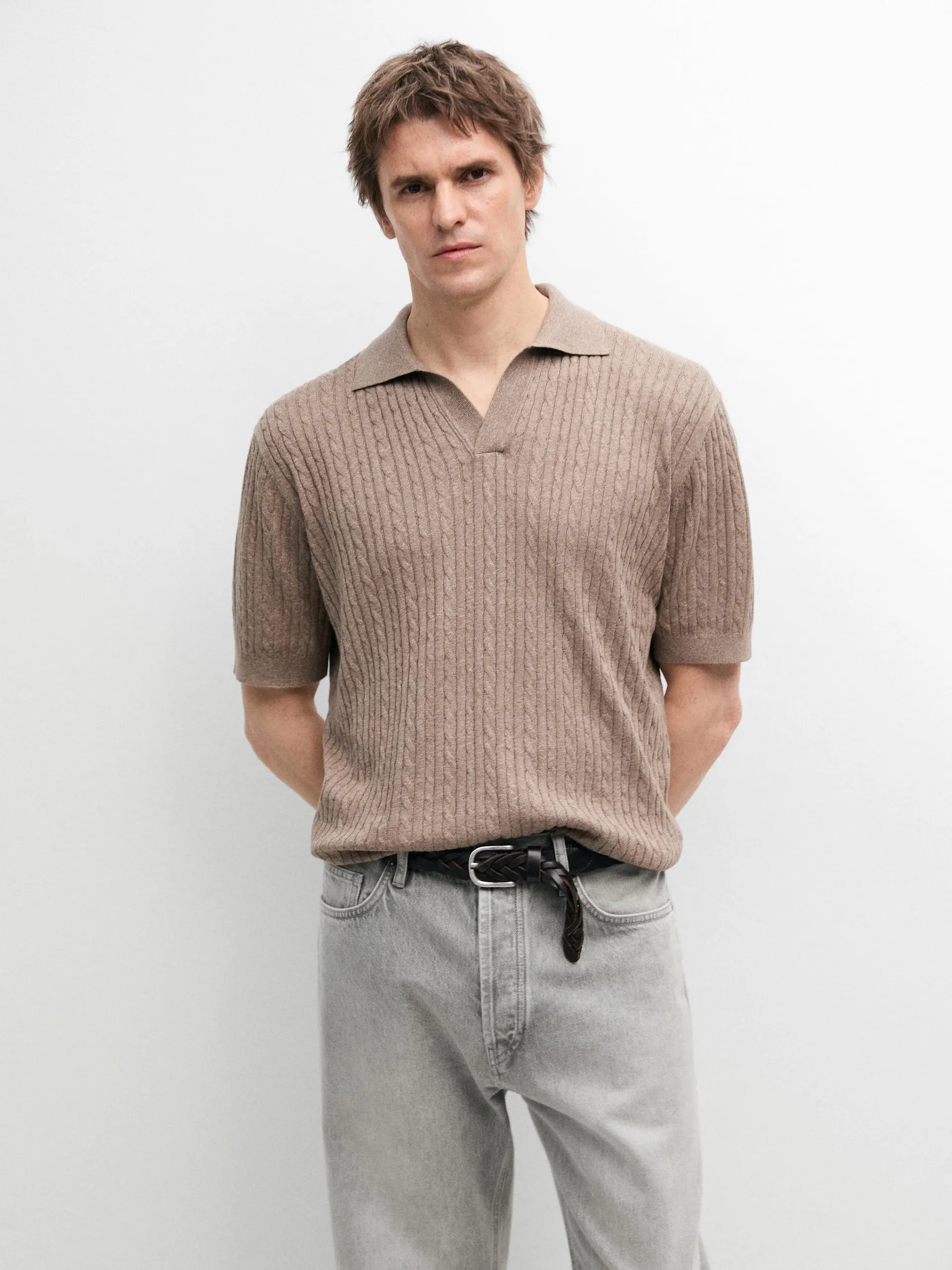 Tricot polo met korte mouw en kabelmotief