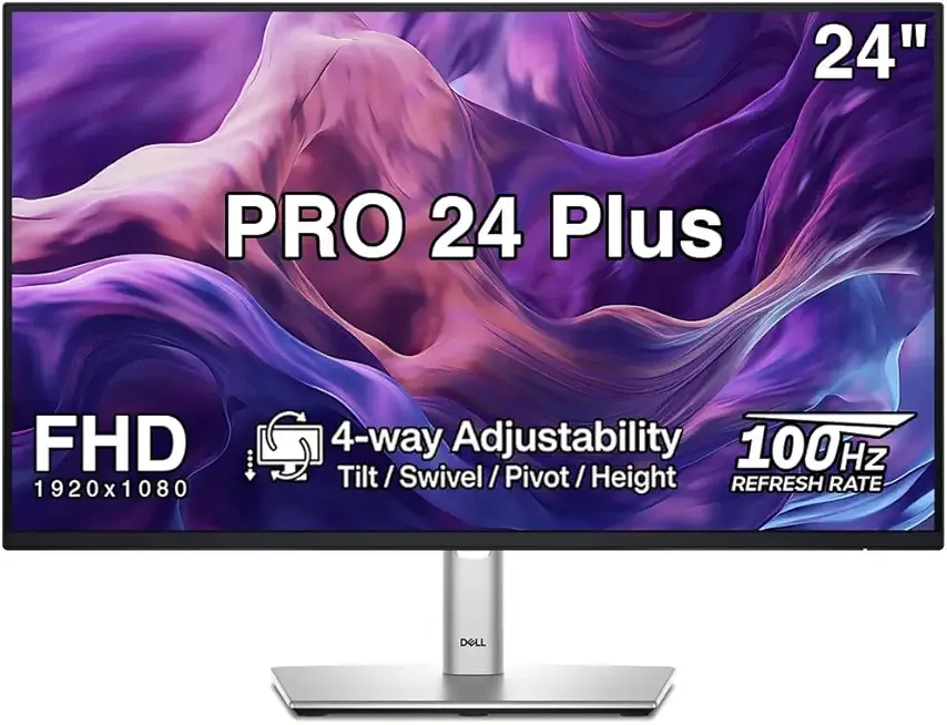 PRO 24 Plus 24" FHD IPS Monitor with 4-Way Adjustability - Tilt/Swivel/Pivot/Height, Anti-Glare, Flicker Free, 250 nits Brightness, VESA Mount, Displayport, HDMI, Black/Silver