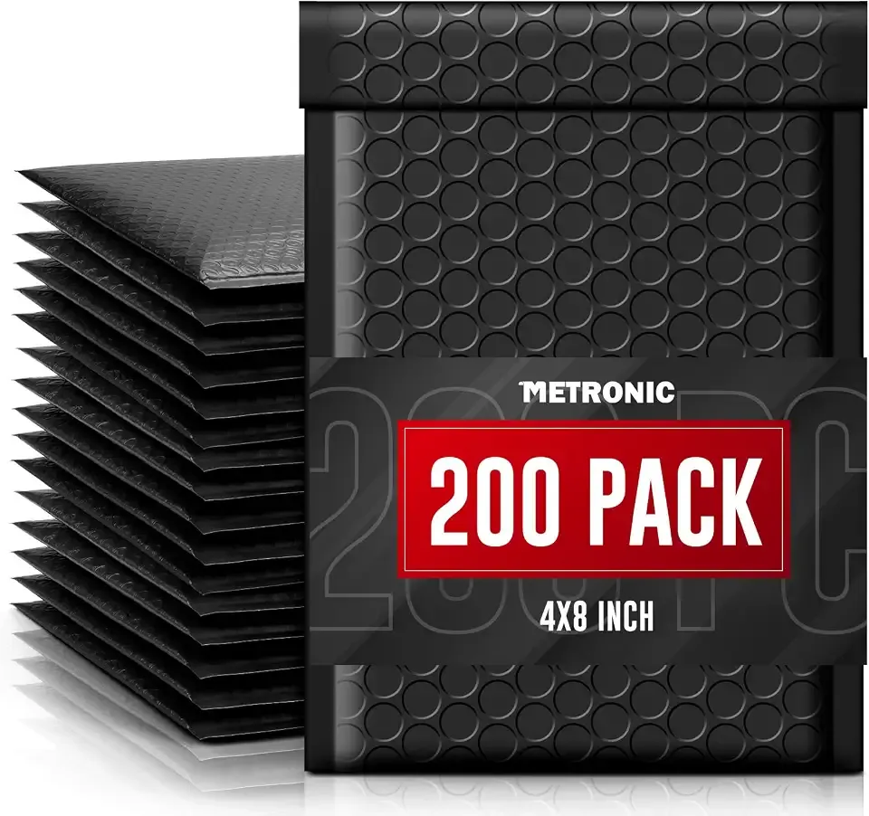 METRONIC Black Bubble Mailers 4x8 Inch 200 Pack Small Padded Envelopes | Usable Size 4x7 Waterproof Padded Mailer Self Seal Adhesive Bubble Envelopes for Shipping Jewelry, Cards, Small Business