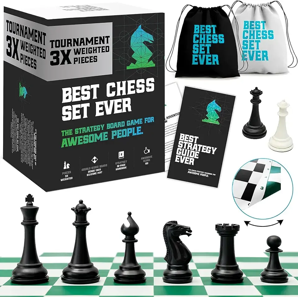 Best Chess Set Ever 3X Tournament Modern Chess Set with Weighted Staunton Pieces, 20x20 Double-Sided Silicone Board, Strategy Guide and Storage Bags for Adults & Kids