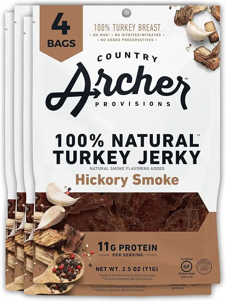 Country Archer Turkey Jerky - Turkey Meat Protein Snacks, Turkey Jerky for People, Protein Meat Snacks, Turkey Jerky Snack Packs, Gluten Free, Keto - Hickory Smoke, 2.5 oz (Pack of 4)