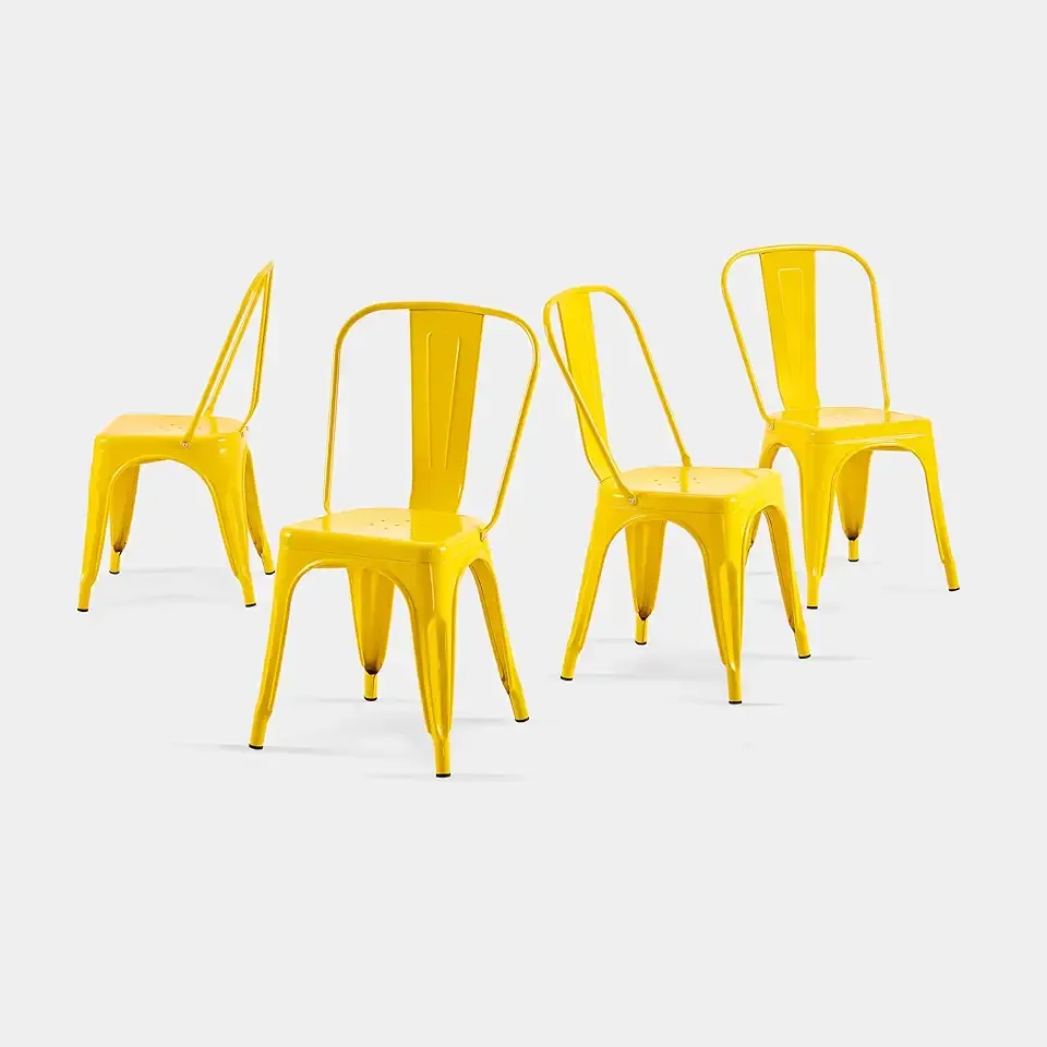 AC Pacific 18 Inch Seat Height Industrial Metal Dining Chairs, Stackable Kitchen or Bar Seat, Durable Modern Design, Versatile Accent Furniture, Set of 4, Yellow