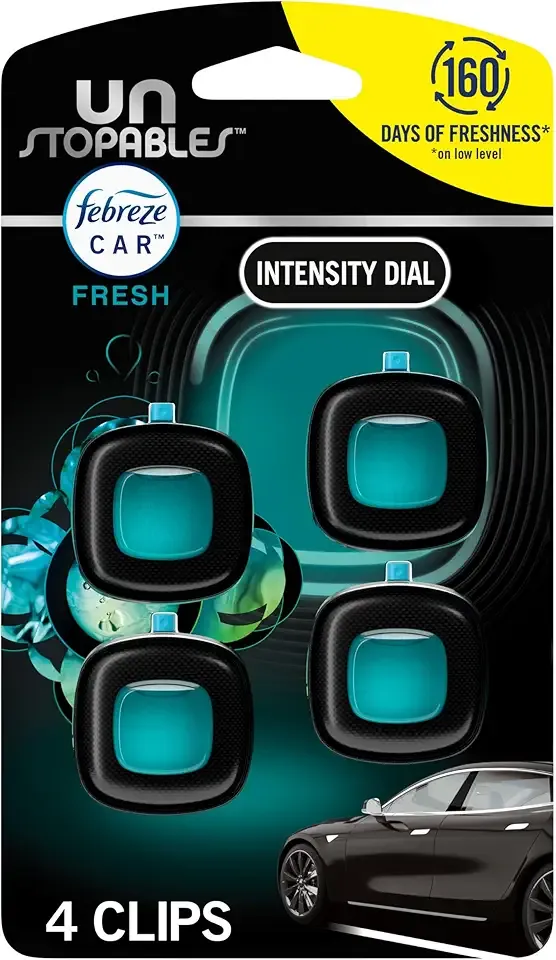 Febreze Car Air Freshener, Odor-Fighting Automotive Vent Clip, Scented Car Accessories, Long Lasting for Strong Odors, Unique Stocking Stuffer, Unstopables Fresh Scent, .07 fl oz, 4 Count