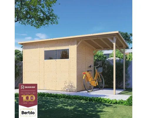 Dřevěný zahradní domek Bertilo Fineline Modern 4 Plus přírodní 470 x 202 cm vč. přístřešku