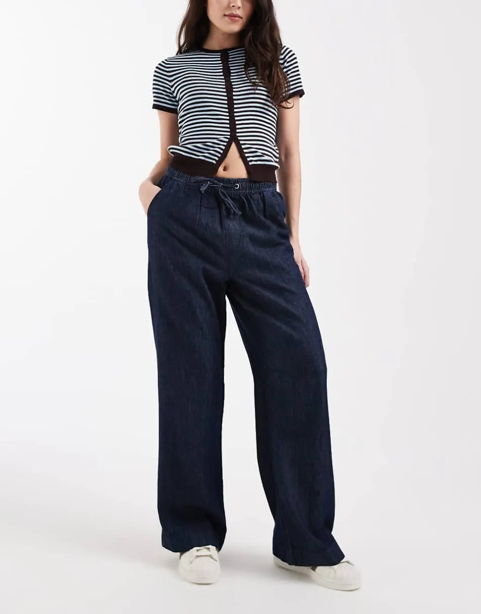 New Look wide leg chambray denim trousers in navy