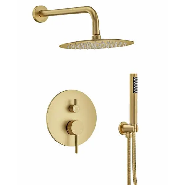 YAWWALK 2-​Handle 10 in.​ Round 2.​5 GPM Wall Mount 2-​Spray Tub and Shower Faucet in Pressure Balance Brushed Gold Valve Include