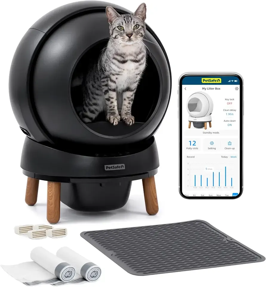 PetSafe ScoopFree SmartSpin Self-Cleaning Litter Box Bundle, Black | Includes Litter Box, Mat, 50 Waste Liners & 4 Deodorizers, Up to 2 Weeks of Hands-Free Cleaning, For Cats up to 25 Lbs