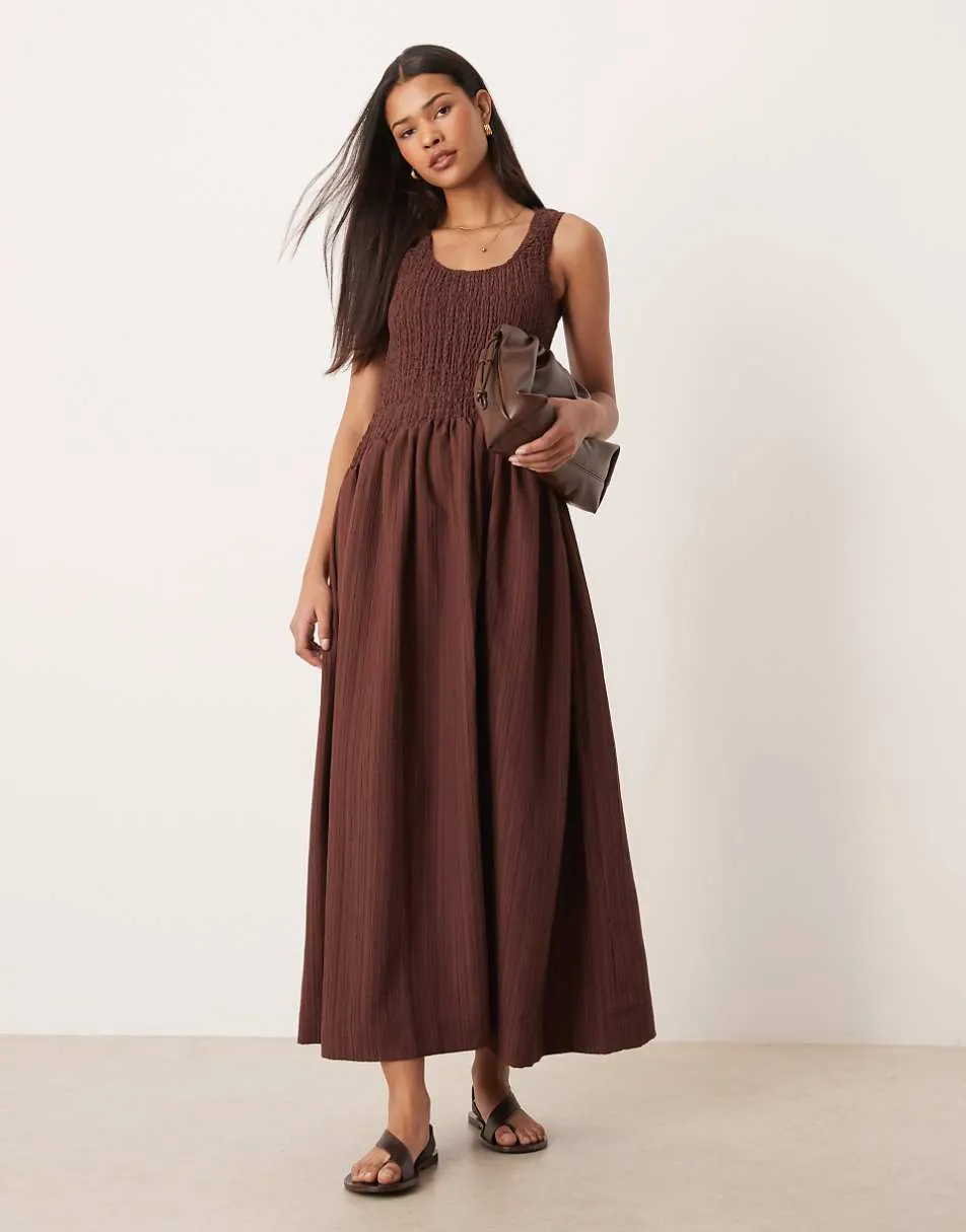 ASOS DESIGN crinkle scoop neck maxi sundress with shirred waist in chocolate