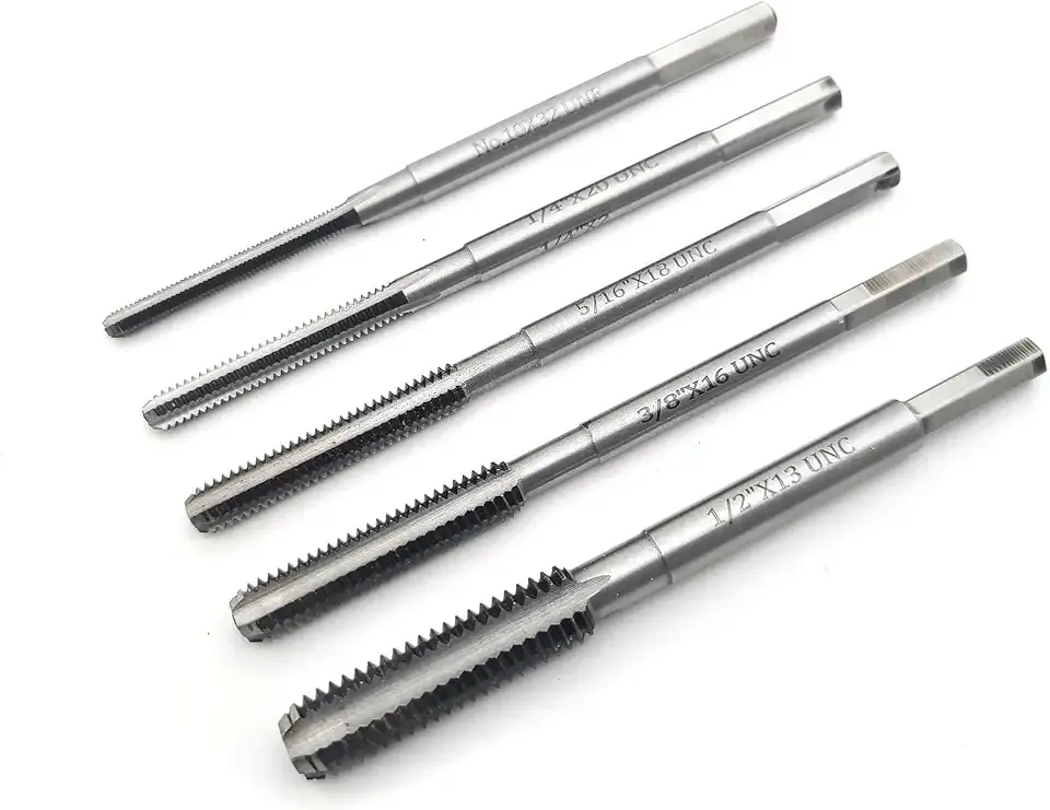 5 Piece Woodworking Taps Set, 10-32, ¼-20, 5/16-18, 3/8-16 and ½-13, 5” Overall, Universal Hex Shanks, Hardened Carbon Steel
