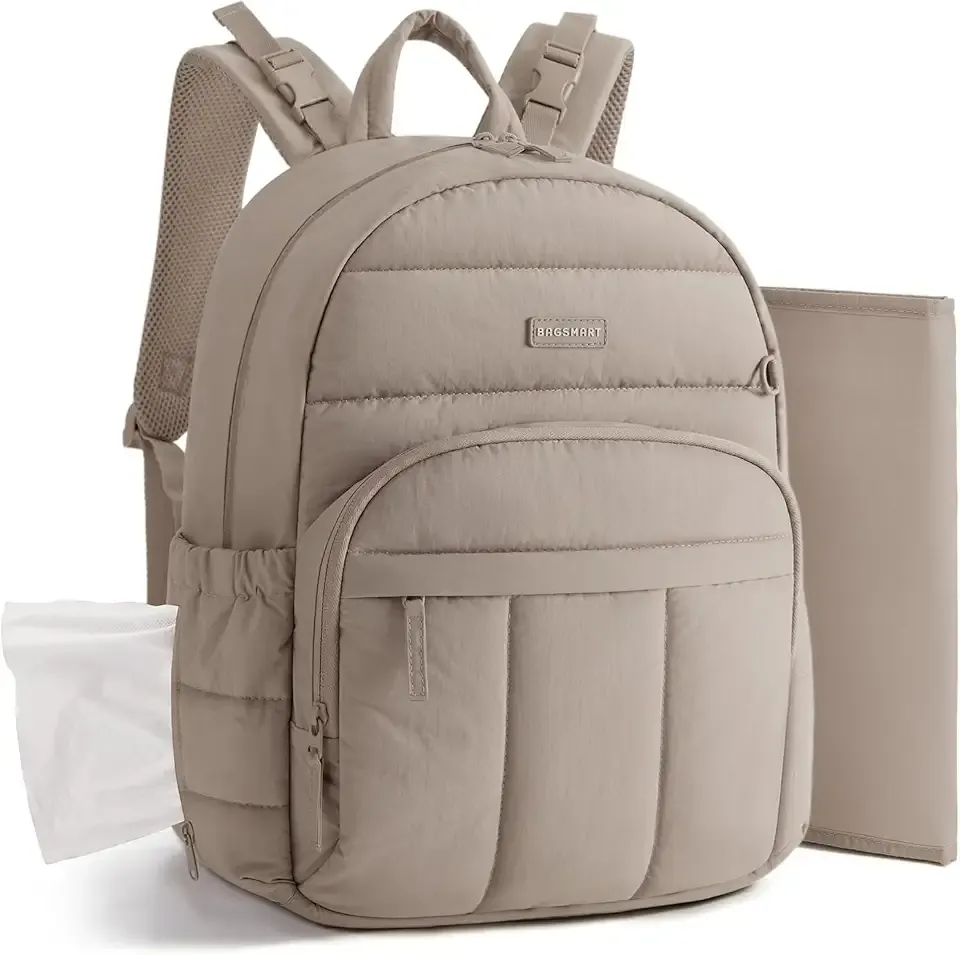 BAGSMART Diaper Bag Backpack, Multi-Pocket Puffy Diaper Bag with Waterproof Changing Pad, Lightweight Stroller-Friendly Diaper Bag with Insulated Pockets, Easy-Access Baby Essential, Camel