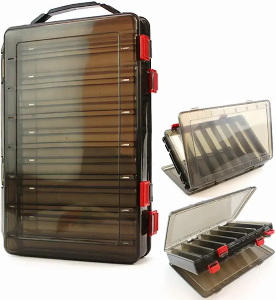 Double-Sided Fishing Lure Hook Tackle Box Visible Hard Plastic Clear Fishing Lure Bait Squid Jig Minnows Hooks Accessory Storage Case Container (Brown 14 Slots)