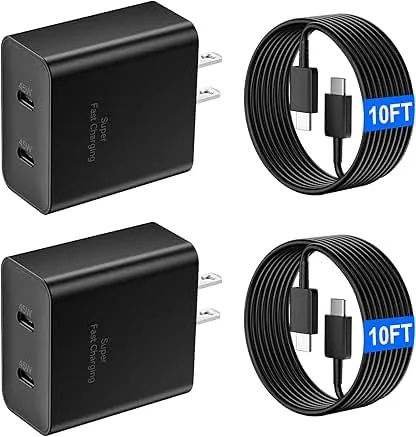 Super Fast Charger USB C, 45W Dual Port Type C Android Phone Fast Charging Block with 10FT Extra Long Cable for Samsung Galaxy S25 Ultra/S25+/S25/S24/S23 Ultra/S23+/S22+/S20/iPhone 17 16 15 Pro Max Super Fast Charger USB C, 45W Dual Port Type C Androi…