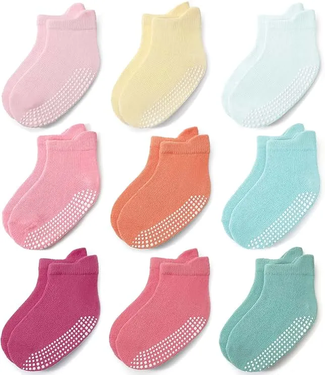 JAKIDAR Baby Toddler Socks Non Slip 9 Pairs Cotton Ankle Grip Socks for Boys Girls Baby Kids Infants Children