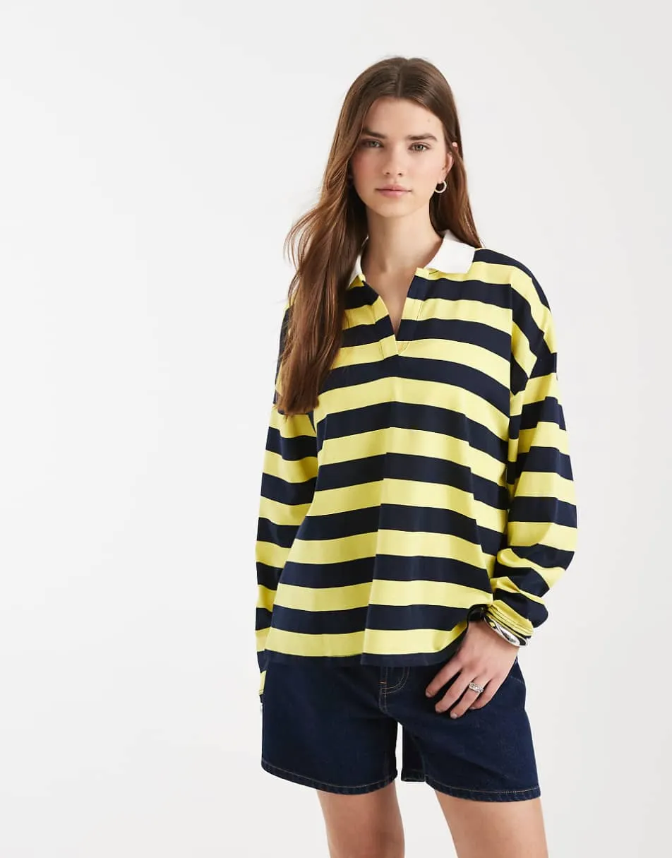 ASOS DESIGN long sleeve rugby tee in navy and yellow stripe