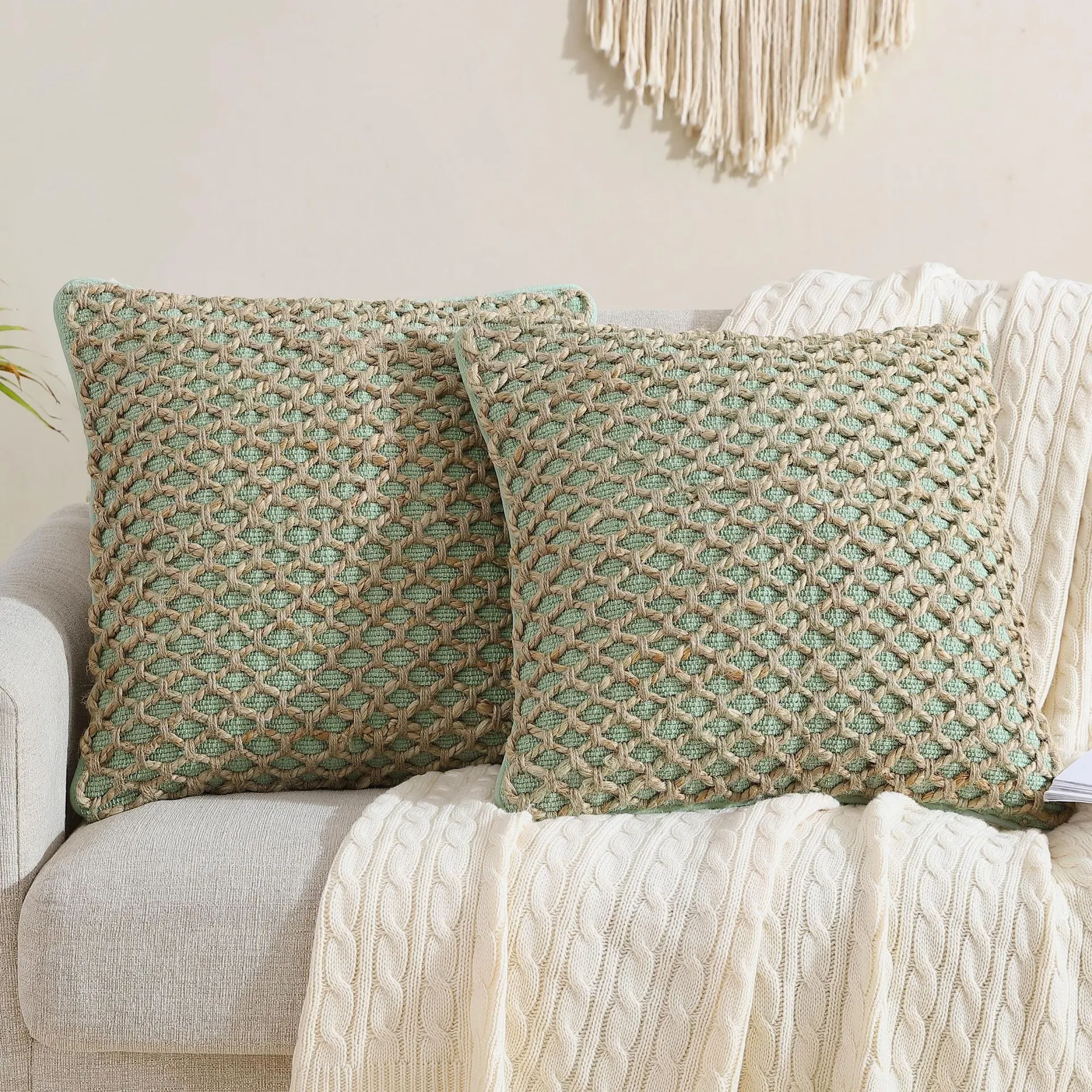 Boho Living Jada 2-Piece Sage Green 20-in x 20-in Decorative Pillow Cover Set