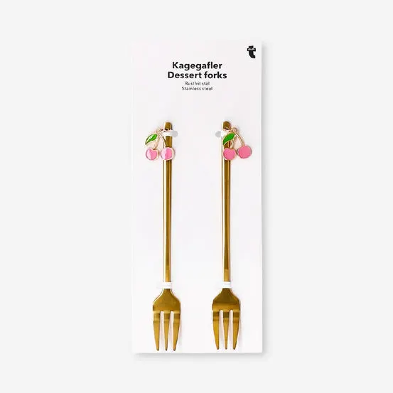 Gold dessert forks with cherry decorations - 2 pcs