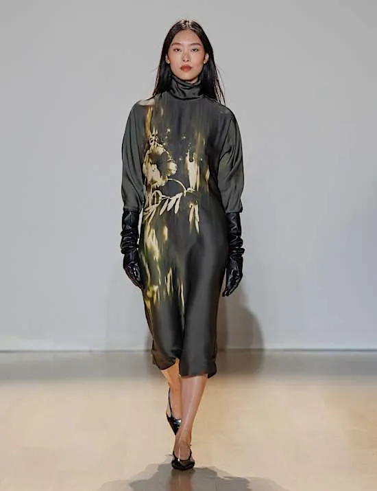 Schmales Midi-Säulenkleid mit V-Ausschnitt und Blumenmuster