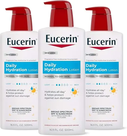 Eucerin Daily Hydration Lotion SPF 15, Multipack, 3 x 16.9 FL OZ | Body Moisturizer with Broad Spectrum SPF 15 Sunscreen, 24 Hours of Hydration, For Normal to Dry Skin Eucerin Daily Hydration Lotion SP…