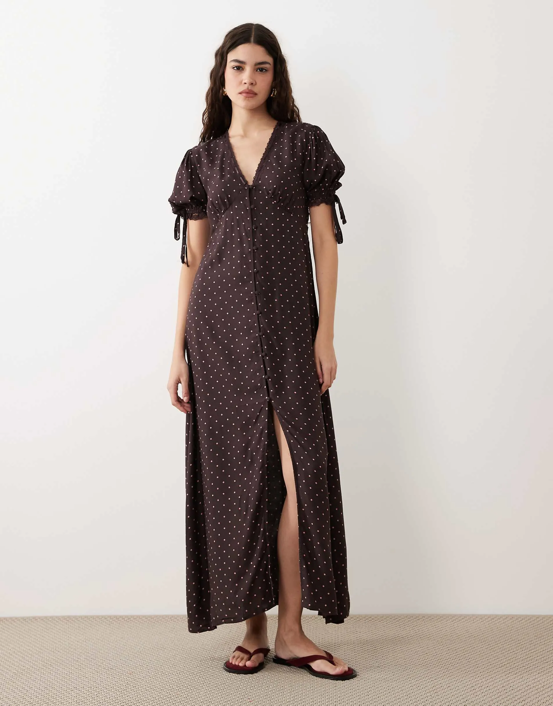 Miss Selfridge spun button through maxi tea dress in polka dot