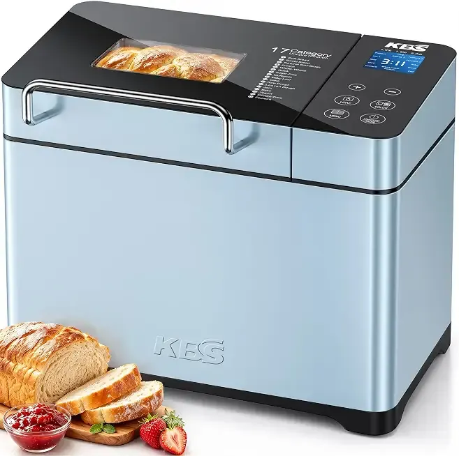 KBS Blue Bread Maker, 2.2LB Smart Bread Machine with Healthy Ceramic Pan, Touchscreen, Auto Nut Dispenser, 17 Automatic Programs, Gluten Free, Sourdough, Dough, Yogurt&Jam, 15H Timer, Stainless Steel