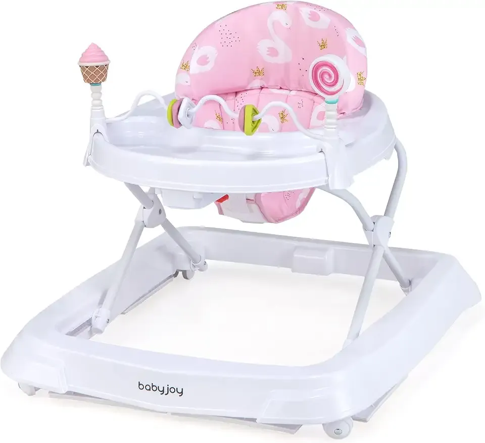 BABY JOY Baby Walker, Foldable Activity Walker with Adjustable Height, Large Tray & Removable Toys, Baby Walker with Wheels for Boys Girls 6-18 Months (Pink, Swan Pattern)