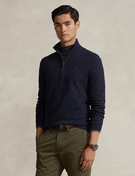 Mesh-Knit Cotton Quarter Zip Jumper Navy