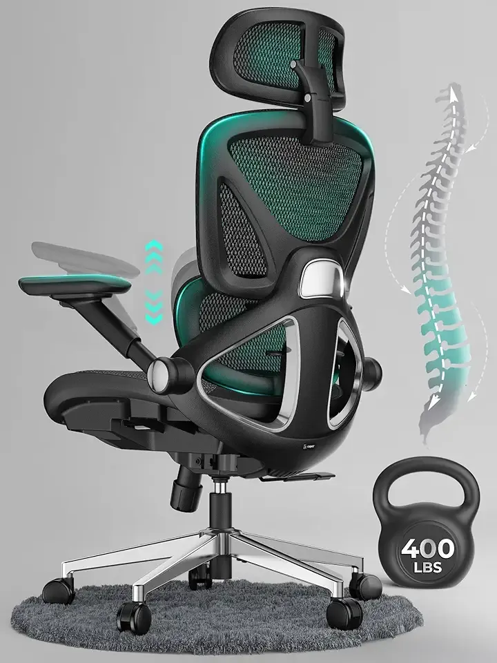 CAPOT Ergonomic Mesh Office Chair, Adjustable Lumbar High Back Desk Chair 400lbs, 4D Flip-up Arms, 3-Level Tilt Backrest, 3D Headrest, PU Wheels, Swivel Rolling Computer Seating for Long Desk Work