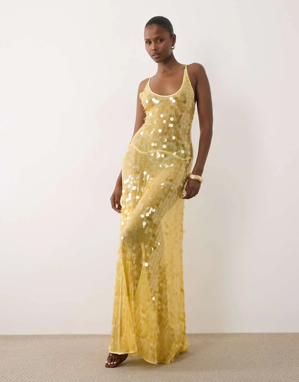 ASOS DESIGN disc scatter sequin scoop neck maxi dress in yellow