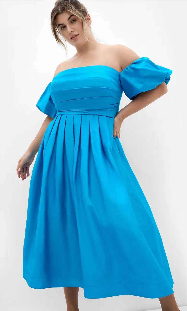 Rosalee Puff Sleeve Midi Dress - azure