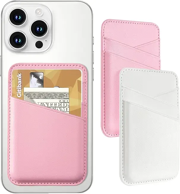 Senose Phone Wallet Stick on, 2 Pack Phone Card Holder for Phone Case, Leather Credit Card Sticky Wallet 3 Pockets Back of phone, Compatible for iPhone, Android, Samsung-White Pink
