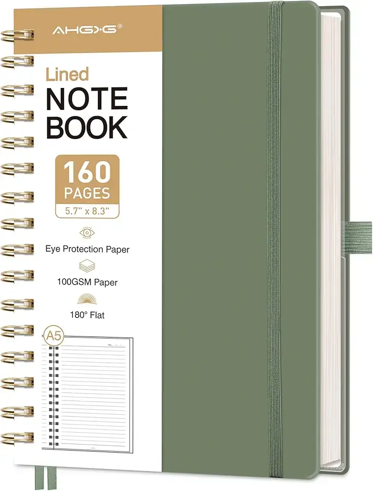 AHGXG Spiral Journal Notebook, 160 Lined Pages, A5 Medium Size (5.7'' x 8.3''), for Men & Women, Journaling, Writing, Work & Office, Hardcover, 100 GSM Thick Paper (Light Green)