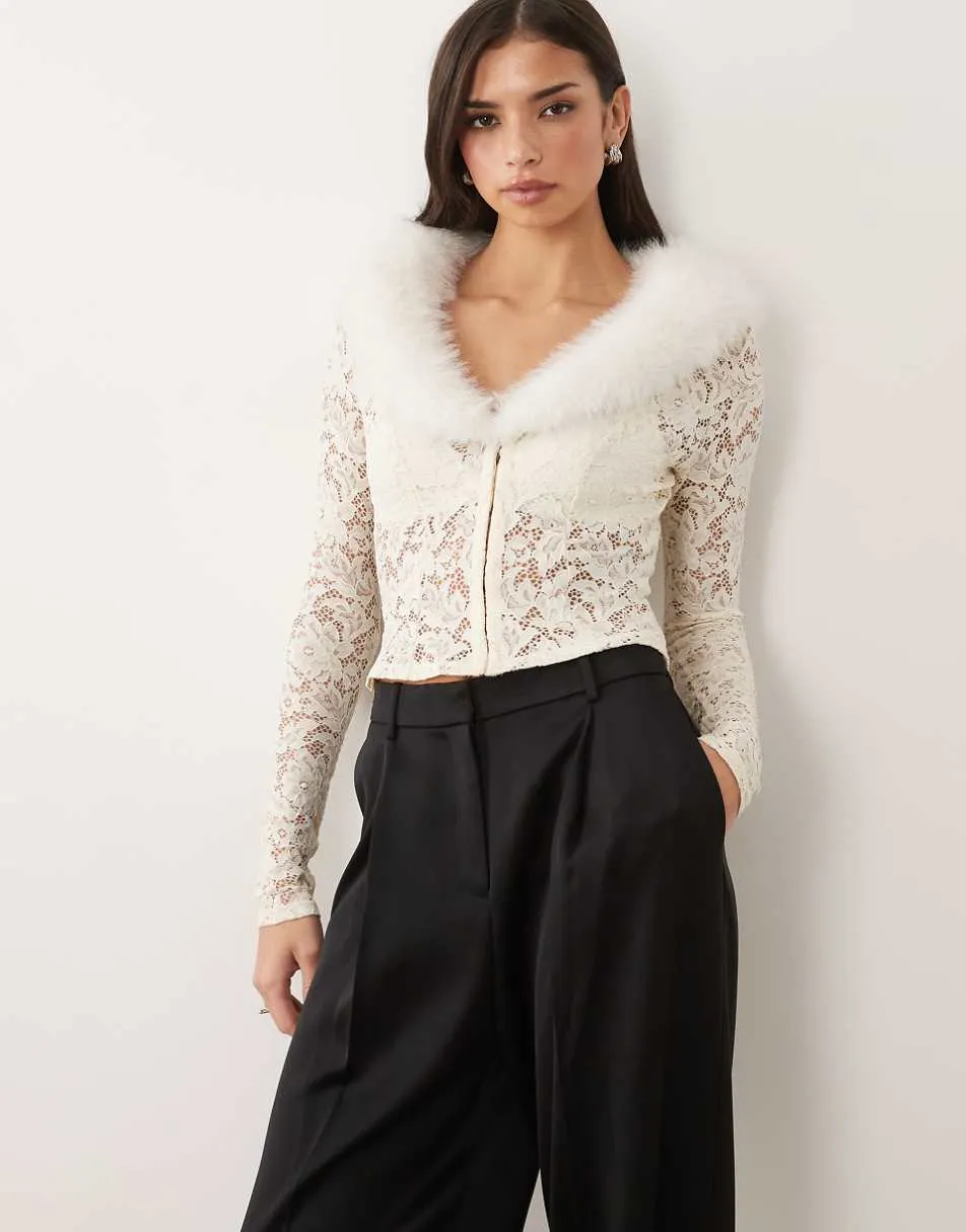 Oh Polly faux fur collar lace cardigan in ivory